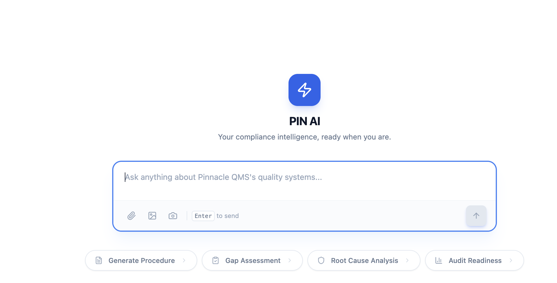 PIN AI compliance assistant with quick actions for procedure generation, gap assessment, and root cause analysis